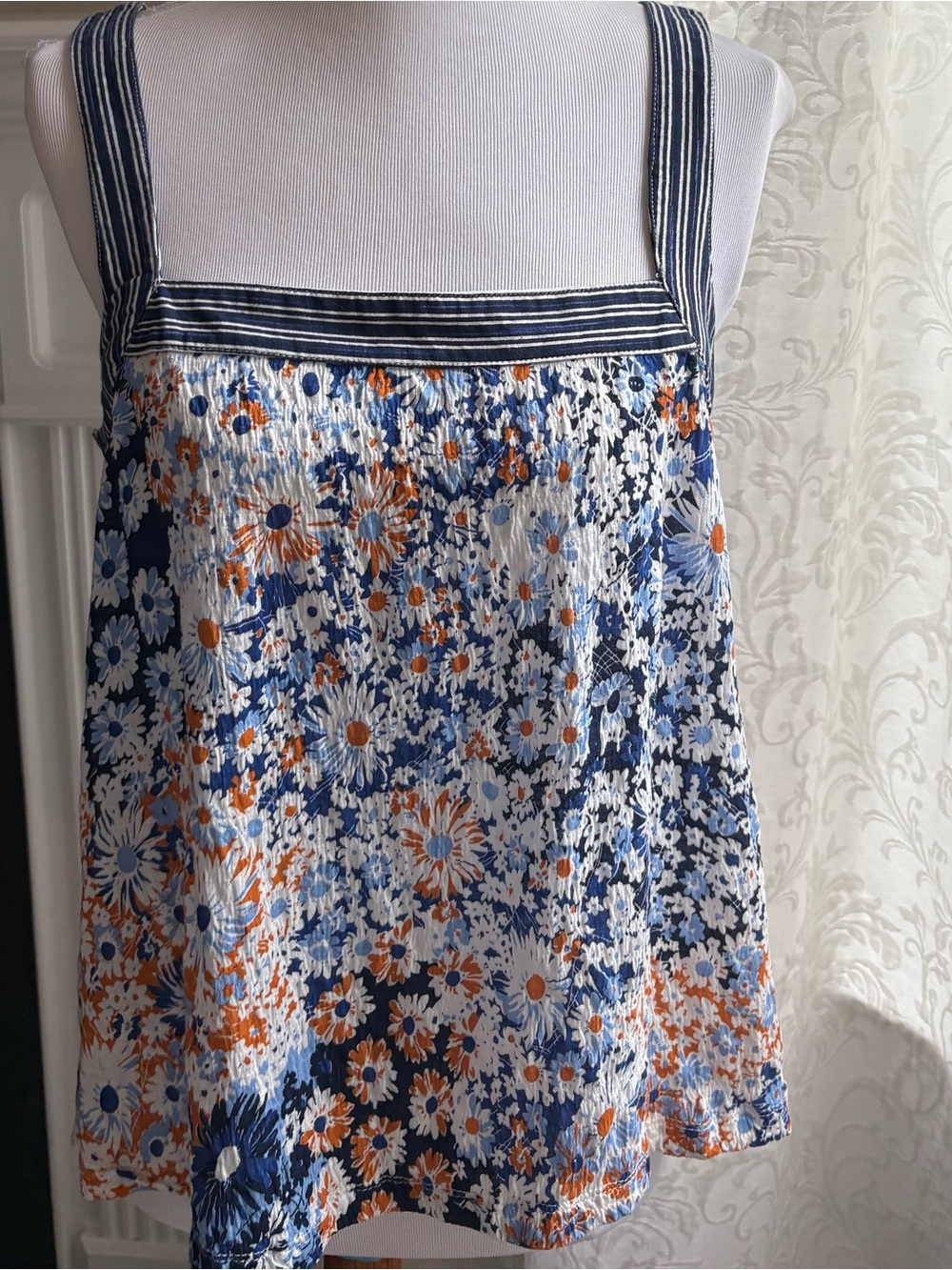 Anthropologie Navy, White & Orange Floral Square-Neck Tank